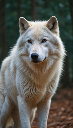 a white wolf standing in the middle of a forest with trees behind it and looking at the camera