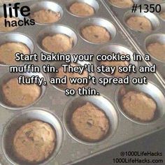 a facebook post with an image of muffins in a pan and the caption reads, life hacks start baking your cookies in a muffin tin they'll stay soft and fluffy