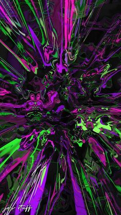 an abstract painting with purple, green and pink colors in the center on a black background