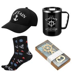 various items that include a hat, coffee mug and other things to wear with them