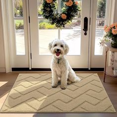 a white dog sitting on top of a rug in front of a door with wreaths