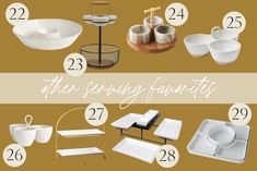 some white dishes and plates on a brown background with the words, these spring favorites