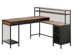 an office desk with two shelves and a shelf on one side, next to another