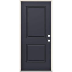 a black door with two white circles on the front and side panels, against a white background