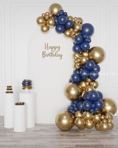 Navy Blue and Gold Balloon Garland, 12 feet long from Balloon Expert Navy And Gold Balloon Garland, Royal Blue And Gold Balloon Arch, Blue And Gold Balloon Garland, Prom Balloons, Baloon Garland, Black Party Decorations, Champagne Balloons, White Party Theme, White Party Decorations