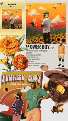 an advertisement for flower boy featuring a man with flowers on his head and sunflowers in the background