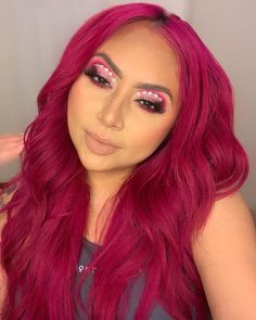 Pink hair 
Pink makeup look 
Hot pink hair 
Magenta hair 
Hairstyles 
Makeup ideas 
Makeup looks 
Makeup with rhinestones 
Euphoria makeup Pink Hair Red Lipstick, Fusha Hair Color, Fusha Hair, Pink Hair Magenta, Magenta Eye Makeup, Reddish Pink Hair, Pink Magenta Hair, Raspberry Pink Hair, Pink Halo Hair