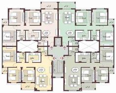 the floor plan for an apartment building with multiple rooms and two levels, all in different colors