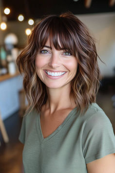 Short Hair With Bangs By Hair Pattern, Shoulder Length Hair With Heavy Bangs, Big Bangs Hair, Soft Bangs For Round Face, Round Bangs Long Hair, Lob With Full Bangs, Short Lob With Curtain Bangs, Shoulder Length Hair With Bangs And Glasses, Plus Size Hairstyles With Bangs