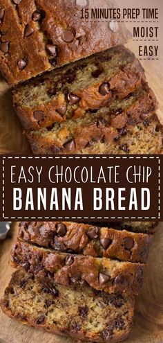 easy chocolate chip banana bread on a cutting board with text overlay that says easy chocolate chip banana bread