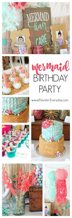 mermaid birthday party with cake, cupcakes and decorations