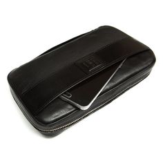 a black leather pouch with a cell phone in it