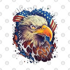 an eagle with the american flag on it's head and watercolor paint splats