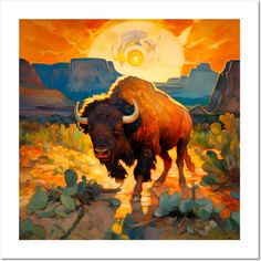 an oil painting of a bison in the desert