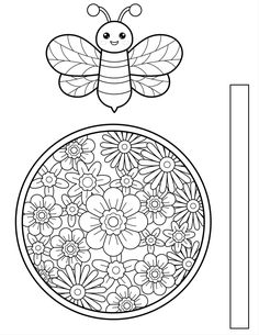 a coloring page with a bee flying over the top of a flowered bowl and an empty