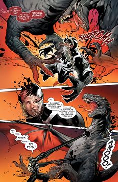 an image of a comic scene with godzillas attacking the man in red and black