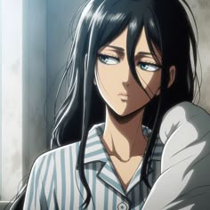 an anime character with long black hair and blue eyes looks at the camera while wearing a striped shirt