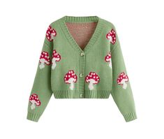 Mushroom Outfit, Shoulder Cardigan, Soft Knit Cardigan, Mushroom Pattern, Drop Shoulder Cardigan, Cottagecore Outfits, Girls Cardigan, Patterned Cardigans, Really Cute Outfits