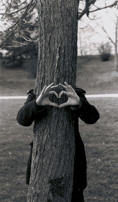 a person making a heart shape with their hands on a tree