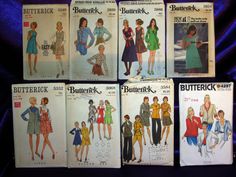 six vintage butterick sewing patterns from the 1950's and 1960s's, all in different styles