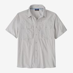 The do-it-all Men's Short-Sleeved Self-Guided Sun Shirt combines intuitive, on-the-water/trail performance with 40+ UPF sun protection and breezy, all-day comfort. Stretchy, quick-drying 100% recycled polyester fabric moves athletically, stays cool and looks snazzy in any situation. Made in a Fair Trade Certified™ factory. | Patagonia Men's Short-Sleeved Self-Guided Sun Shirt in Crisp Grey, XL - Short Length - Recycled Polyester/UPF Fabric/Pfas Patagonia Shirt, Cheap Outdoor Button-up Camp Shirt, Casual Patagonia Cotton T-shirt, Patagonia Graphic Tee Short Sleeve T-shirt, Short Sleeve Cotton T-shirt For Surfing, Patagonia Outdoor Short Sleeve T-shirt, Patagonia Shirts, Sun Shirt, Recycled Polyester Fabric