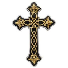 a cross with an intricate design on the front and back side, in black and gold