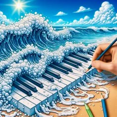 a person is drawing an ocean scene with water and piano keys