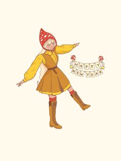 a drawing of a girl in a yellow dress and red hat with her arms outstretched