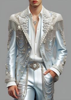 Mens Ethereal Fashion, Astrology Outfits Male, Corset Outfit For Men, Mens Corset Outfit, Extravagant Suits Men, Ocean Themed Outfits Male, Men Met Gala Looks, Mens Feminine Fashion, Light Blue Prom Suits