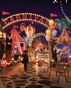 an amusement park at night decorated with lights and decorations for children's birthdays