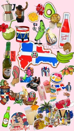 a bunch of stickers that are on top of a pink background with words and pictures