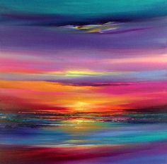 an abstract painting with bright colors on the water and clouds in the sky at sunset