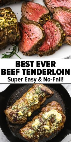 Beef tenderloin sliced on a plate and cooked in a skillet. Slow Roasted Beef Tenderloin, Beef Tenderloin Roast Recipes, Beef Tenderloin Recipe, Tenderloin Recipe