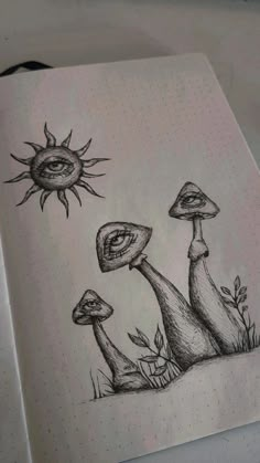 a drawing of two mushrooms with the sun in the background