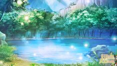 an anime scene with trees and water