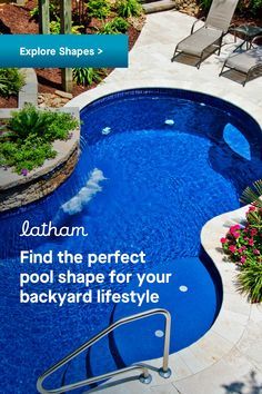 an above ground pool with steps leading up to it and the text, explore shapes find the perfect pool shape for your backyard