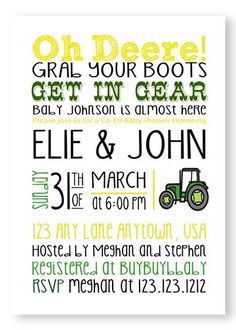 a green and yellow tractor themed birth announcement