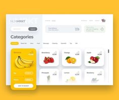 a yellow and white web page with fruits on it