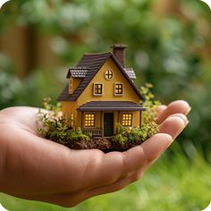 a small yellow house sitting in the palm of someone's hand with green plants growing out of it