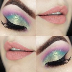 Eyeshadow Lipstick Combo, Subtle Lipstick, Candy Inspired Makeup, Mermaid Inspired Makeup, Colorful Makeup Looks, Unicorn Eyeshadow, Mermaid Eyeshadow, Unicorn Eyes, Unicorn Candy