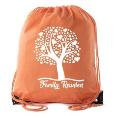 an orange drawsack bag with the family reunion tree on it and hearts in white