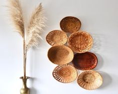 the wall is decorated with woven baskets and a plant in a vase on top of it