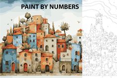 an image of some buildings with paint by numbers on them