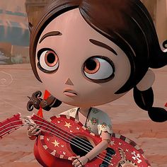 a cartoon character holding a red guitar