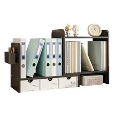 a book shelf with file folders and clocks on it's sides, against a white background