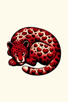 a red and black leopard with hearts on it's tail, curled up in the shape of a heart