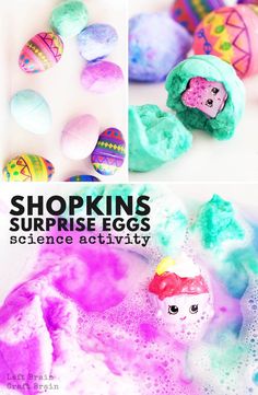 this is a collage of pictures with different colored eggs and the words shopkinss surprise eggs science activity