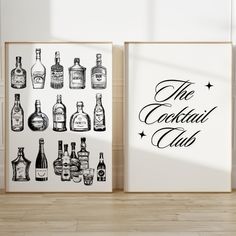 two black and white posters with alcohol bottles on them