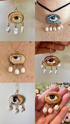 Hand painted porcelain lovers eye pendants wirh freshwater pearls Lovers Eye Painting, Lovers Eye Jewelry, Cool Polymer Clay Ideas, Handmade Christmas Gift Ideas Diy Crafts, Ceramic Jewelry Handmade, Aesthetic Trinkets, Jewelry Painting, Eye Ceramic, Painting Jewelry