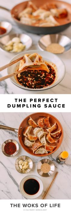 there are two different types of food on the table with words above it that read, the perfect dumpling sauce